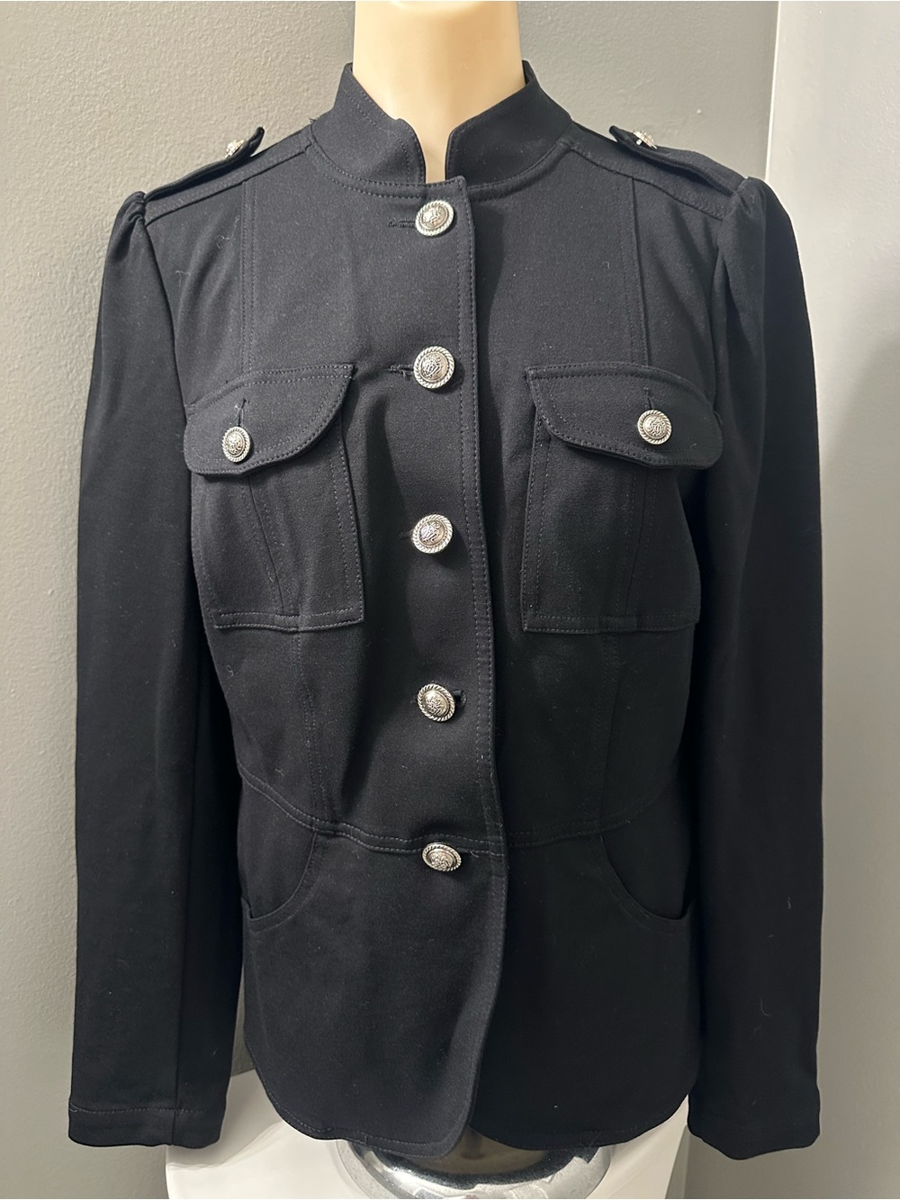 INC International Concepts Black Military-Inspired Button Front Jacket